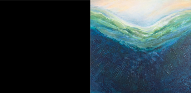 Painting by Rayne Tunley, When the Wind Blows, water in blue and green